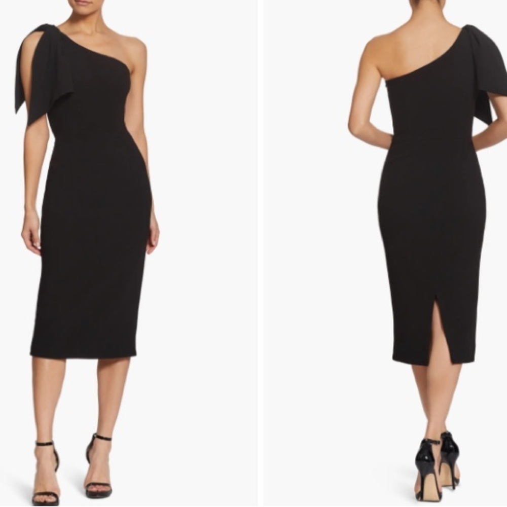 Dress The Population Black Tiffany One-Shoulder Midi Dress Size S